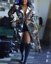 Lapel Color Matching Camouflage Lace-up Long-Sleeved Long Trench Coat