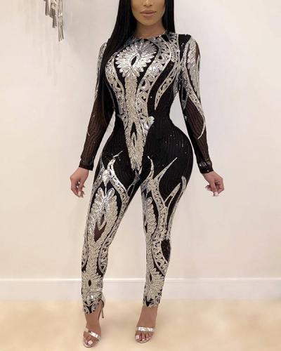 Sequined Long-sleeved Sexy See-through Jumpsuit