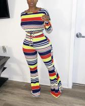 Fashion Rainbow Striped T-shirt Wide leg Pants Two-piece Suits