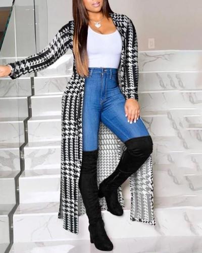 Houndstooth Print Plus Size Long Sleeve Cardigan