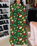 Christmas Print Plus Size Long Sleeve Dress