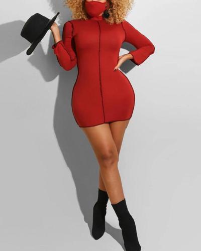 Solid Plus Size Long Sleeve Dresses With Mask