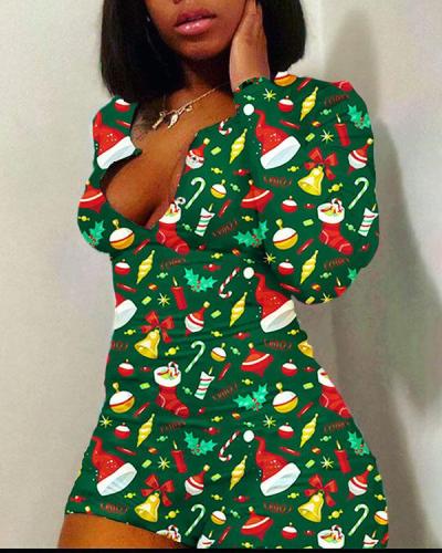 Fashionable Christmas Elements Print Fall and Winter Home Wear Jumpsuit