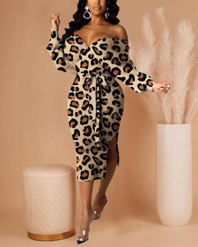 Leopard Print Lace-Up Off The Shoulder Dress