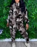 Plus Size Casual Turtleneck Loose Hooded Printed Camouflage Sweater Two-piece Suit