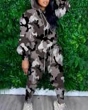 Plus Size Casual Turtleneck Loose Hooded Printed Camouflage Sweater Two-piece Suit