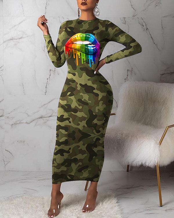 Camouflage Print Long Sleeve Maxi Dress