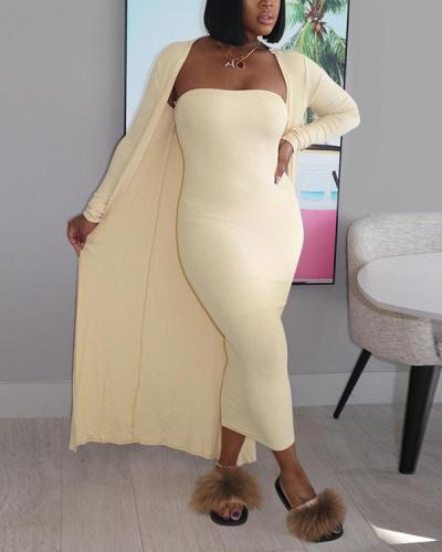 Solid Coat Tube Top Dress Two-piece Set