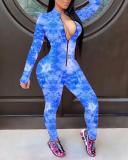 Slim-fit Printed Zipper Long-sleeved Jumpsuit