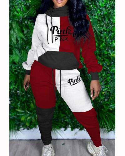 Plus Size Letter Contrast Color Hoodie Sweater With Sports Pants Set