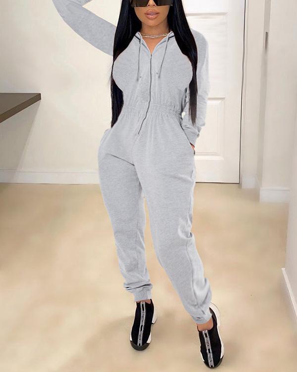 Casual Solid Color Waist Hooded Zipper Sports Jumpsuit