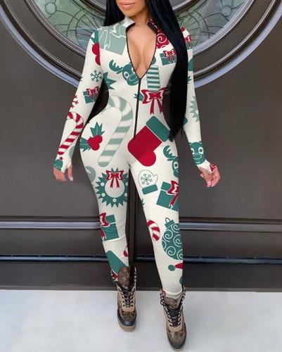 Christmas Print Rompers Casual Jumpsuit