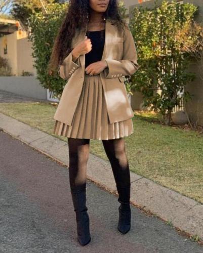 Pure Color Double-breasted Long-sleeved Blazer Pleated Skirt Suit
