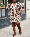 Leopard Print Hit Color Long Sleeve Plus Size Dress Jacket