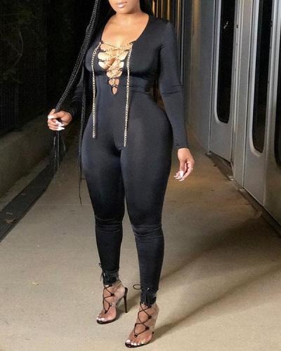 Solid Color Sexy Tie Chain Long Sleeve Jumpsuit
