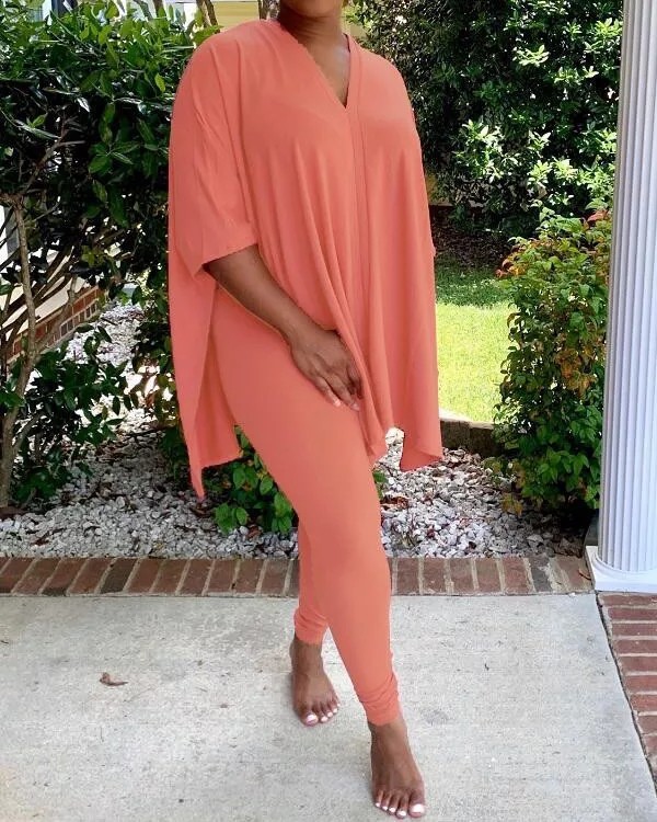 V-Neck Solid Color Knotted Two Piece Sets