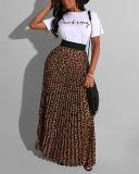 Leopard Print Pleated Skirt Suit T-shirt Two-piece Suit