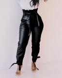 Faux-Leather Belted Tied-Cuff Pants