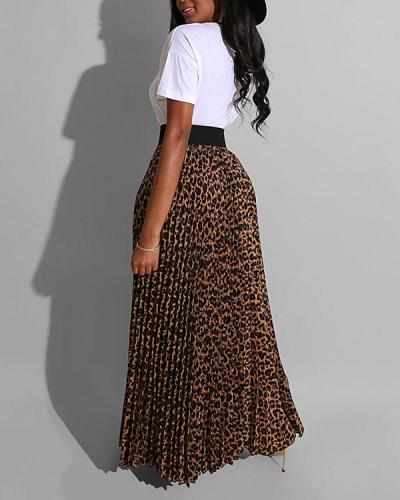 Leopard Print Pleated Skirt Suit T-shirt Two-piece Suit