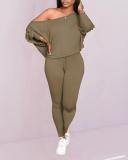 Batwing Sleeve Cozy Solid Color Oblique Collar Two-piece Set