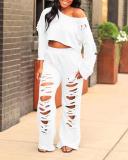 Casual Cotton Ripped Cropped Top & Flared Pants Set