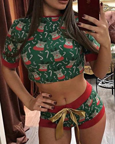 Christmas Living Print Basic Short Sleeve Two Pieces