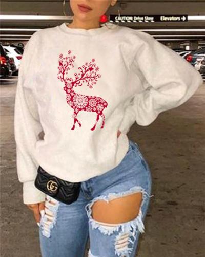 Cartoon Deer Christmas Animal Print Long Sleeve Sweatshirt