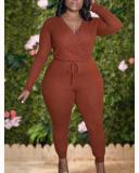 Leisure V Neck Lace-up Brown Plus Size One-piece Jumpsuit