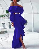 Solid Color Ruffled Long Sleeve Dress