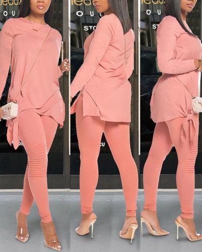Casual Solid Color Bow Long Sleeve Two-piece Suit