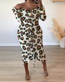 Off The Shoulder Leopard Print Mid Calf Plus Size Dress