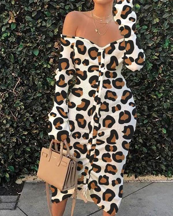 Off The Shoulder Leopard Print Mid Calf Plus Size Dress