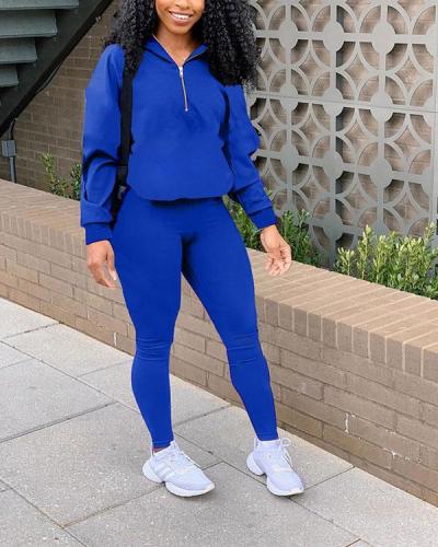 Solid Color Zipper Leisure Sports Two-piece Set