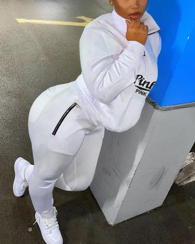Fashion Sportswear Letter Print O Neck Two Pieces Suits