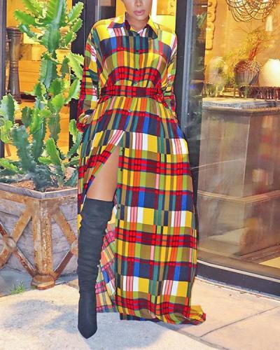 Trendy Turndown Collar Grid Print Trench Maxi Dress
