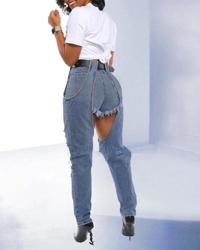 Patchwork Chic Irregular High Waist Ripped Jeans