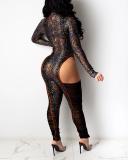 Knitted Striped Stitching Mesh Hollow Sexy Skinny Jumpsuit