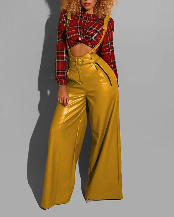 Casual Sexy PU Leather Suspenders Flared Pants With Belt