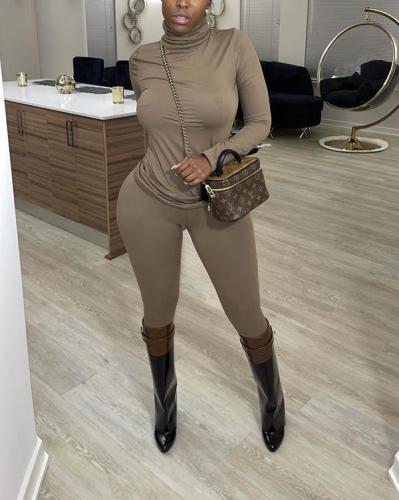 Solid Color Casual Turtleneck Loose Two-piece Suit