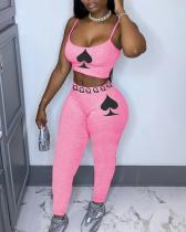 Leisure Sports Peach Heart Print Suspender Tops Trousers Two-piece Suit