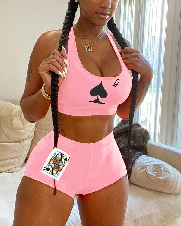 Sexy Fashion Poker Print Vest Shorts Set