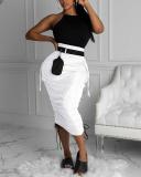 Solid Color High Waist Pleated Lace-up Pencil Skirt
