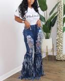 Fringed Denim Jeans Casual Flared Pants