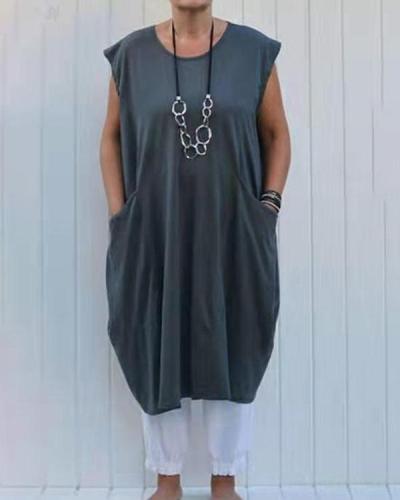 Plus Size Loose Solid Color Pocket Cotton Linen Dress