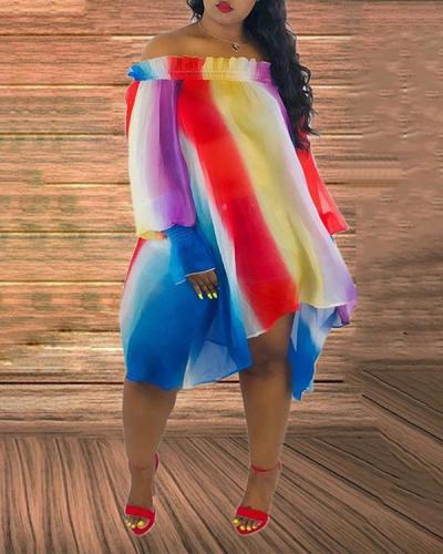Colorful Stripe Puff Sleeve Off The Shoulder Casual Dress