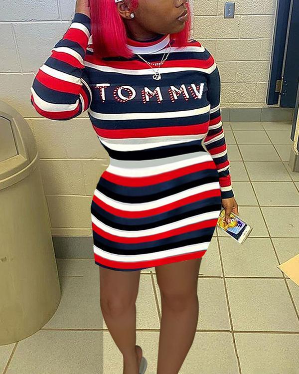 Trendy Letter Print Striped Mini Plus Size Dress
