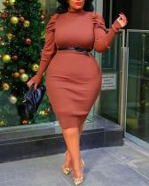 Puff Sleeve Long Sleeve Solid Color Plus Size Dress