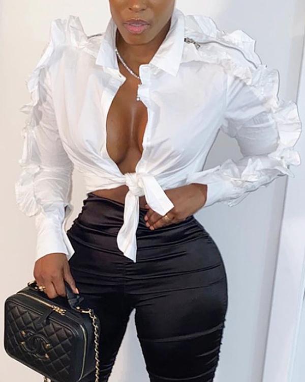 Fashion Casual Sexy Side Open Sleeve Zipper Shirt Tops