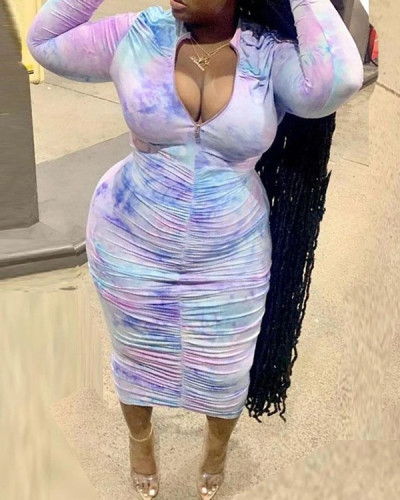Plus Size Tie Dye Color Tapered Pleated Long Sleeve Dress
