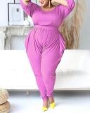 Solid Color Half Sleeve Casual Jumpsuit